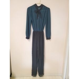 Long Sleeve Teal & Black Sheer Jumpsuit with Bow Neck